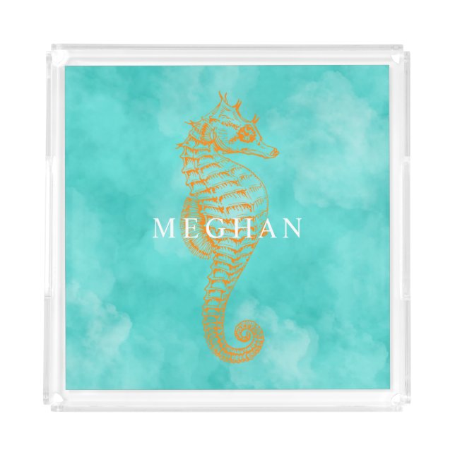 Turquoise Seahorse | Personalized Acrylic Tray (Front)