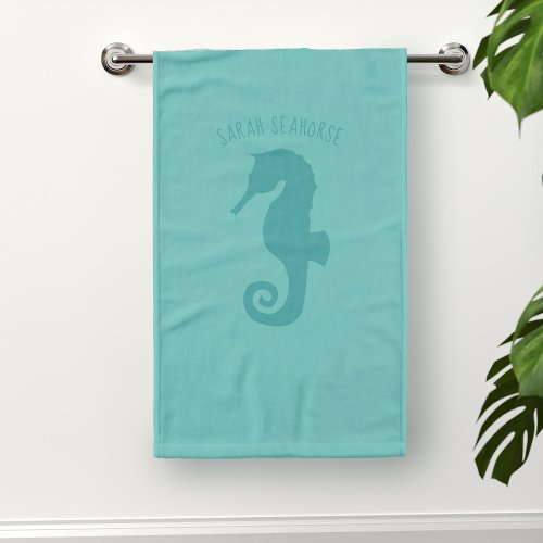 Turquoise Seahorse Personalized Hand Towel