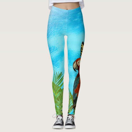 Turquoise Seas Parrot and Butterfly   Faux Canvas  Leggings