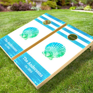 Turquoise seashell coastal family beach house name cornhole set