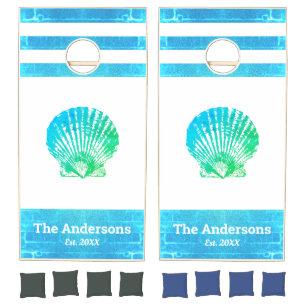 Turquoise seashell coastal family beach house name cornhole set