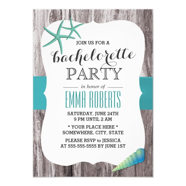 Turquoise Seashells Beach Theme Bachelorette Party Invitation