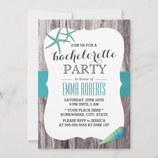 Turquoise Seashells Beach Theme Bachelorette Party Invitation (Front)