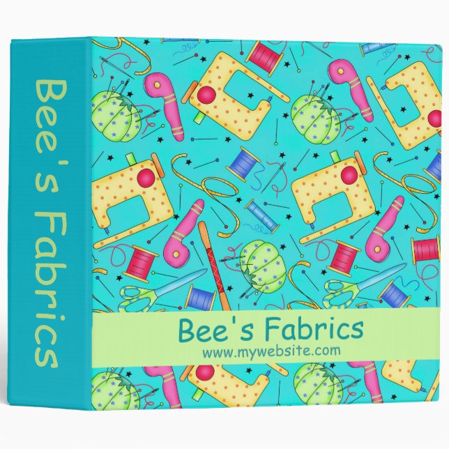 Turquoise Sewing Notions Fabric Business Album 3 Ring Binder (Front/Spine)