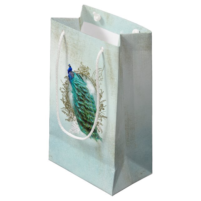 Turquoise Shabby Peacock Small Gift Bag (Front Angled)
