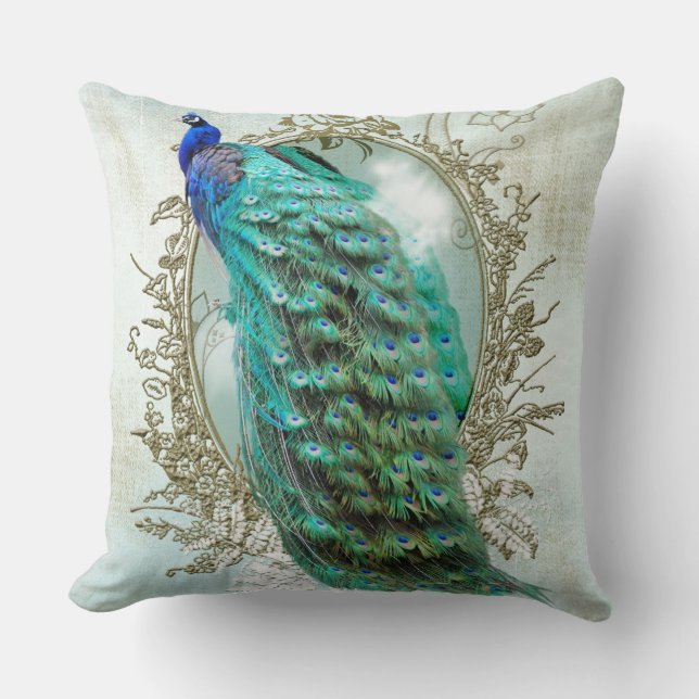 Turquoise Shabby Peacock Throw Pillow (Front)
