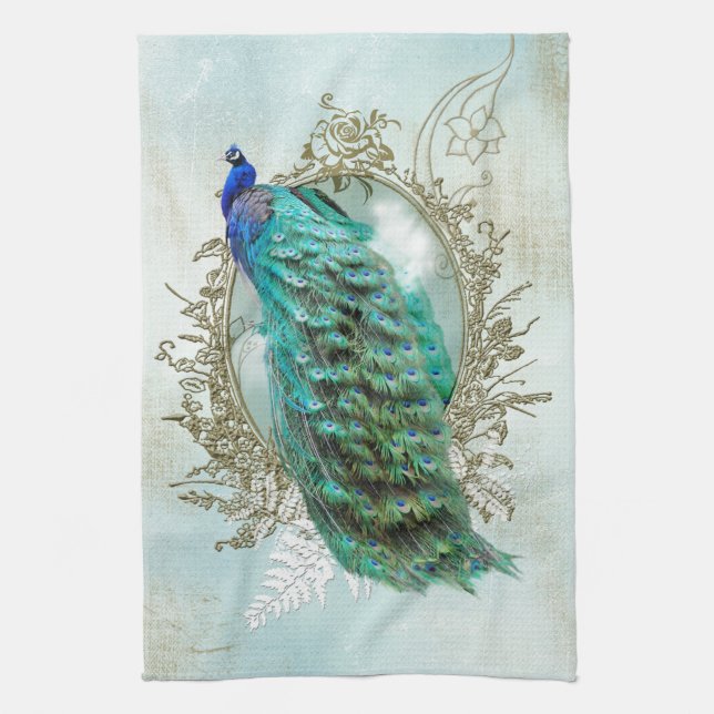 Turquoise Shabby Peacock Towel (Vertical)