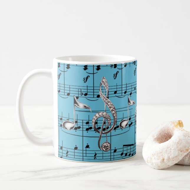 Turquoise Sheet Music & Silver Music Notes Coffee Mug (With Donut)