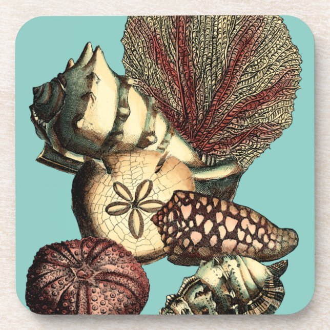 Turquoise Shell and Red Coral Collection Beverage Coaster (Front)