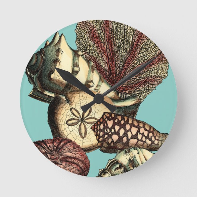 Turquoise Shell and Red Coral Collection Round Clock (Front)