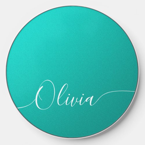 Turquoise Shimmer Elegant Calligraphy Script Name Wireless Charger