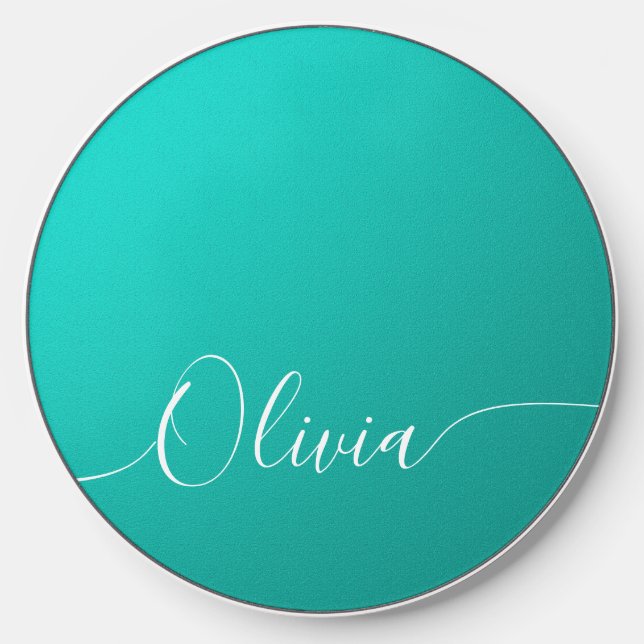 Turquoise Shimmer Elegant Calligraphy Script Name Wireless Charger (Front)