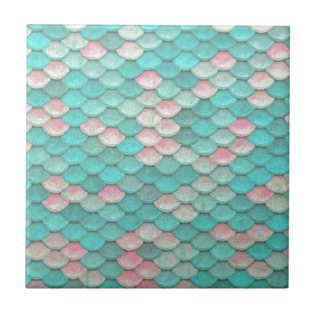 Turquoise Shiny Fish Scales Effect Pattern Ceramic Tile (Front)