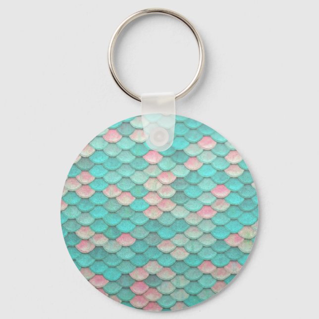 Turquoise Shiny Fish Scales Effect Pattern Keychain (Front)