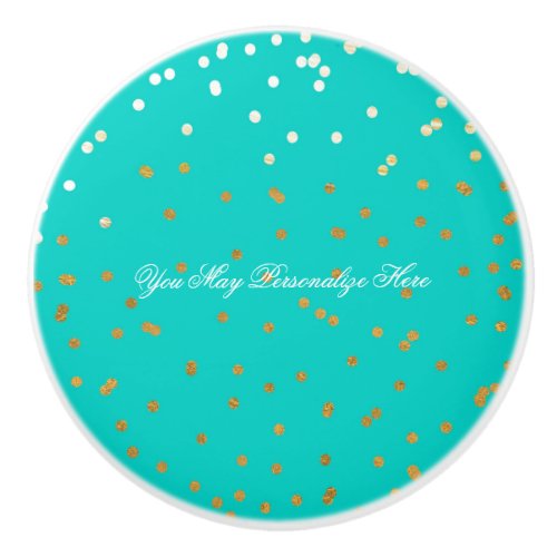 Turquoise Shiny Gold Faux Foil Confetti Dots Glam Ceramic Knob