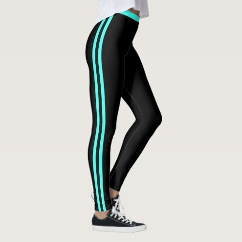 Turquoise Side Stripe Black Leggings Choose Colors