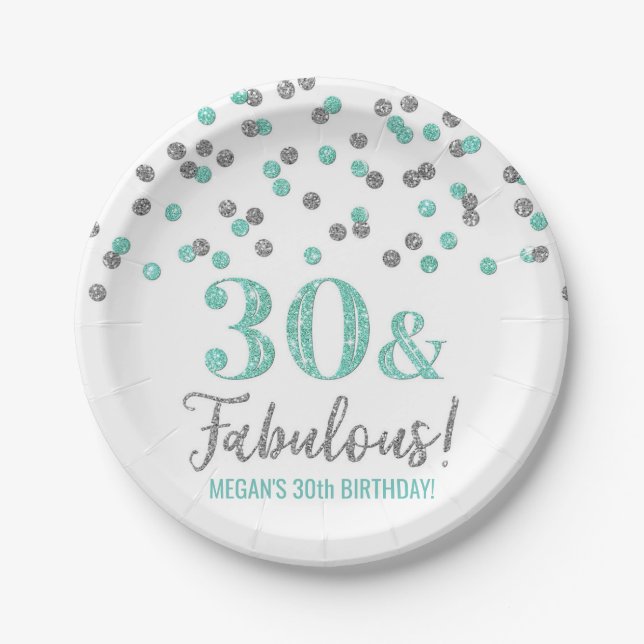 Turquoise Silver Confetti 30 and Fabulous  Paper Plates (Front)
