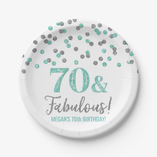 Turquoise Silver Confetti 70 and Fabulous Birthday Paper Plates (Front)