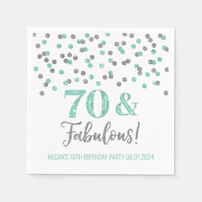 Turquoise Silver Confetti 70 & Fabulous  Napkins (Front)