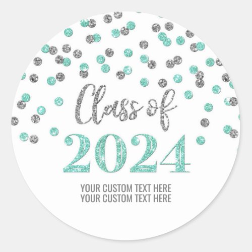 Turquoise Silver Confetti Graduation 2024 Classic Round Sticker