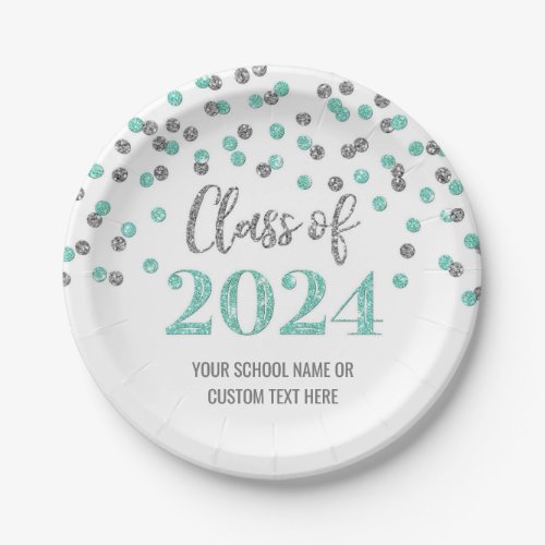 Turquoise Silver Confetti Graduation 2024 Paper Plates