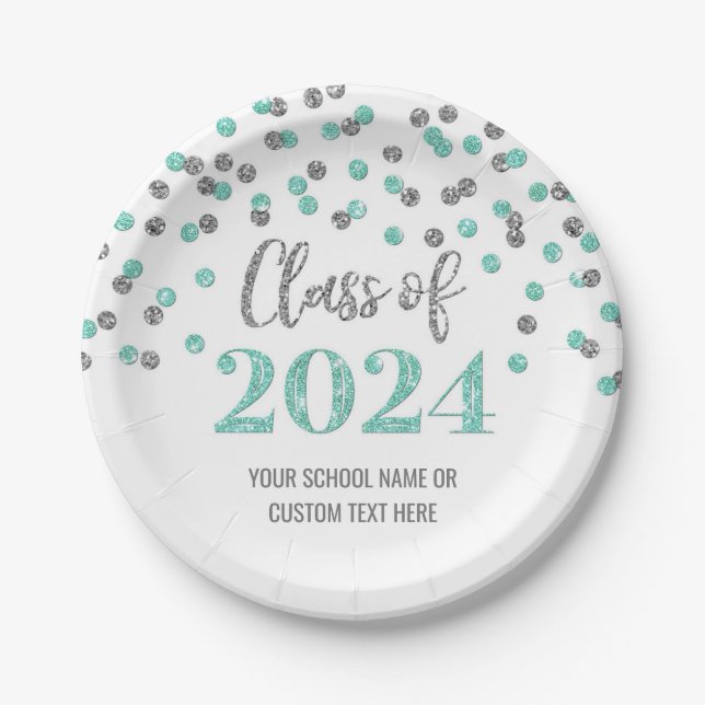 Turquoise Silver Confetti Graduation 2024 Paper Plates (Front)