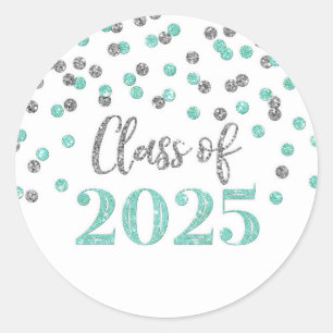 Turquoise Silver Confetti Graduation 2025 Classic Round Sticker