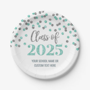 Turquoise Silver Confetti Graduation 2025 Paper Plates