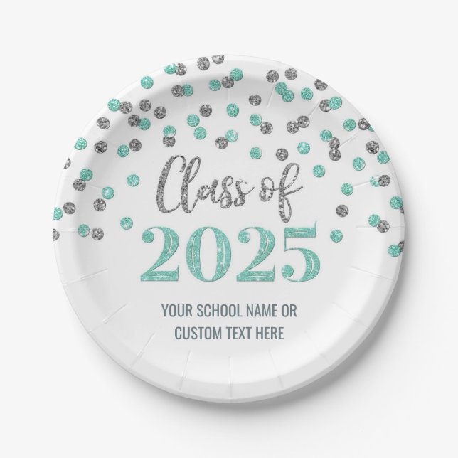 Turquoise Silver Confetti Graduation 2025 Paper Plates (Front)