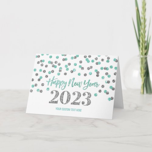 Turquoise Silver Confetti Happy New Year 2023  Holiday Card