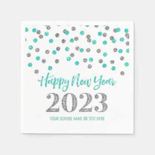 Turquoise Silver Confetti Happy New Year 2023 Napkins