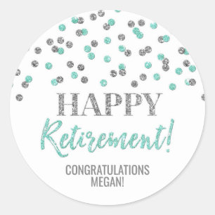 Turquoise Silver Confetti Happy Retirement Classic Round Sticker