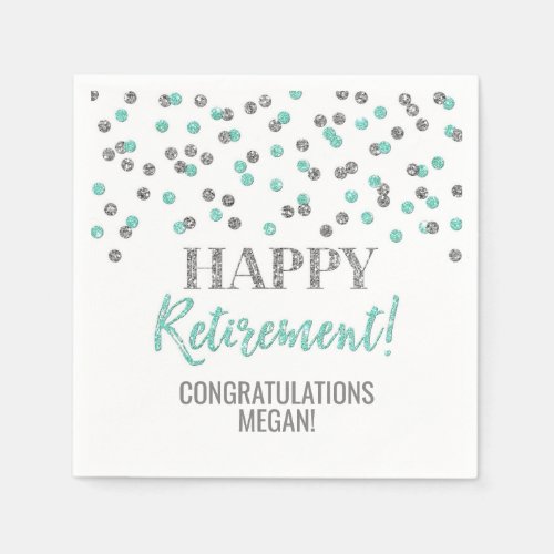 Turquoise Silver Confetti Happy Retirement Napkins
