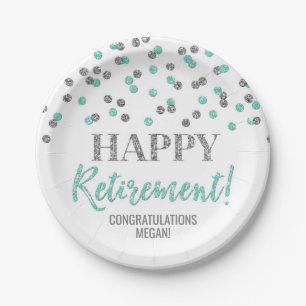 Turquoise Silver Confetti Happy Retirement Paper Plates