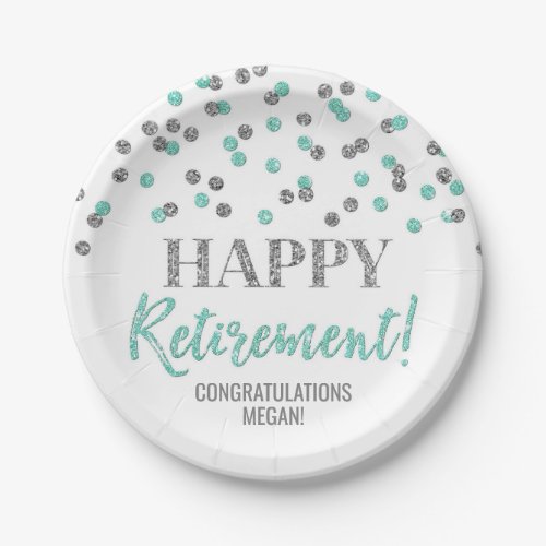 Turquoise Silver Confetti Happy Retirement Paper Plates