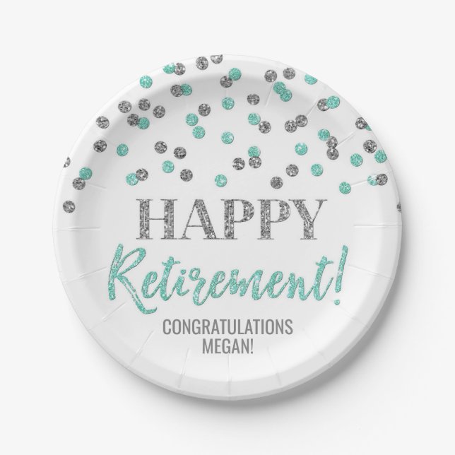 Turquoise Silver Confetti Happy Retirement Paper Plates (Front)