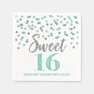 Turquoise Silver Confetti Sweet 16 Birthday Napkins