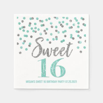 Turquoise Silver Confetti Sweet 16 Birthday Napkins by DreamingMindCards at Zazzle