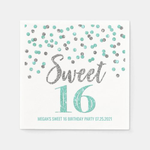 Turquoise Silver Confetti Sweet 16 Birthday Napkins