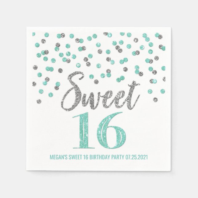 Turquoise Silver Confetti Sweet 16 Birthday Napkins (Front)