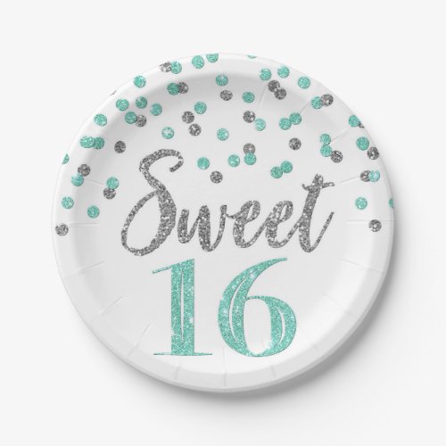 Turquoise Silver Confetti Sweet 16 Birthday Party Paper Plates