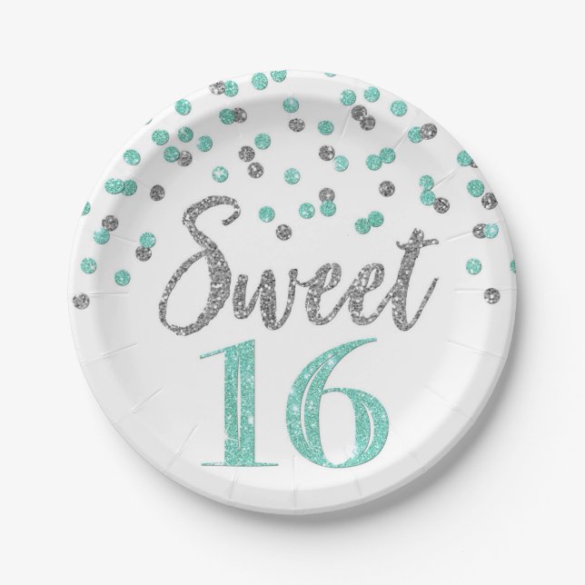Turquoise Silver Confetti Sweet 16 Birthday Party Paper Plates (Front)