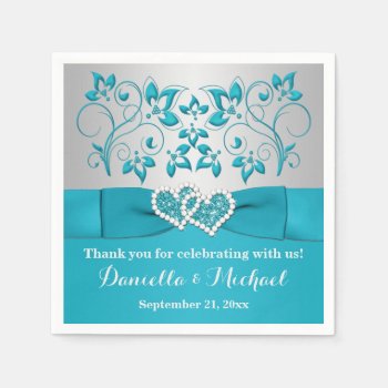 Turquoise  Silver Floral  Hearts Paper Napkins by NiteOwlStudio at Zazzle