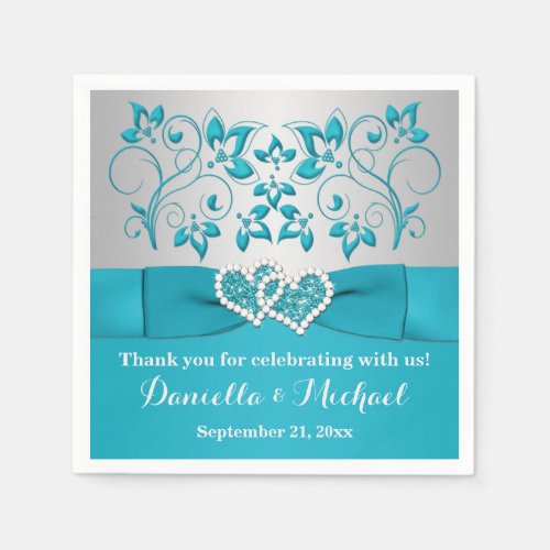 Turquoise Silver Floral Hearts Paper Napkins