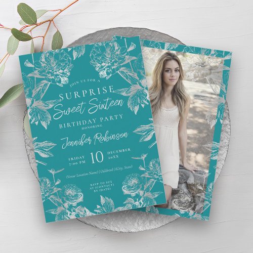 Turquoise Silver Floral Photo SURPRISE Sweet 16   Invitation