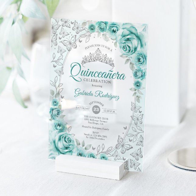 Turquoise Silver Floral Quinceanera Acrylic Invitations (Creator Uploaded)