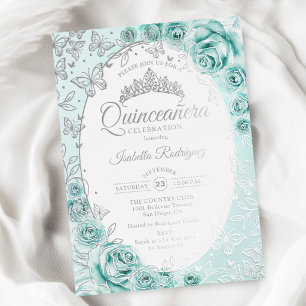 Turquoise Silver Floral Quinceanera Foil Invitation