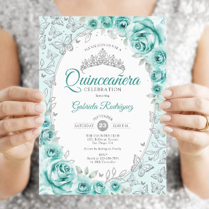 Turquoise Silver Floral Quinceanera Invitation