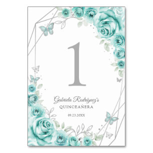 Turquoise Silver Floral Quinceanera Table Number