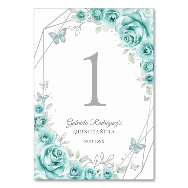 Turquoise Silver Floral Quinceanera Table Number (Front)